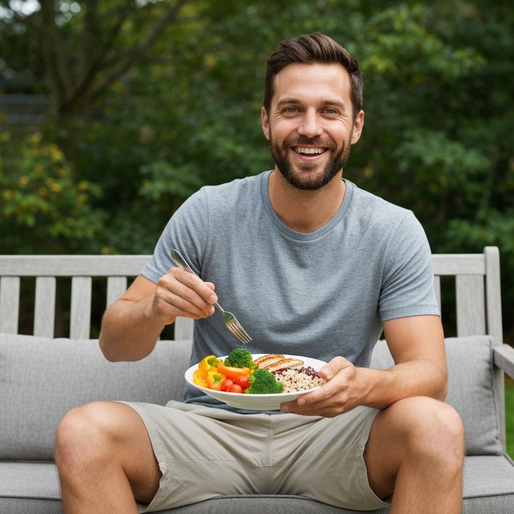 Man enjoying a balanced meal in natural setting
